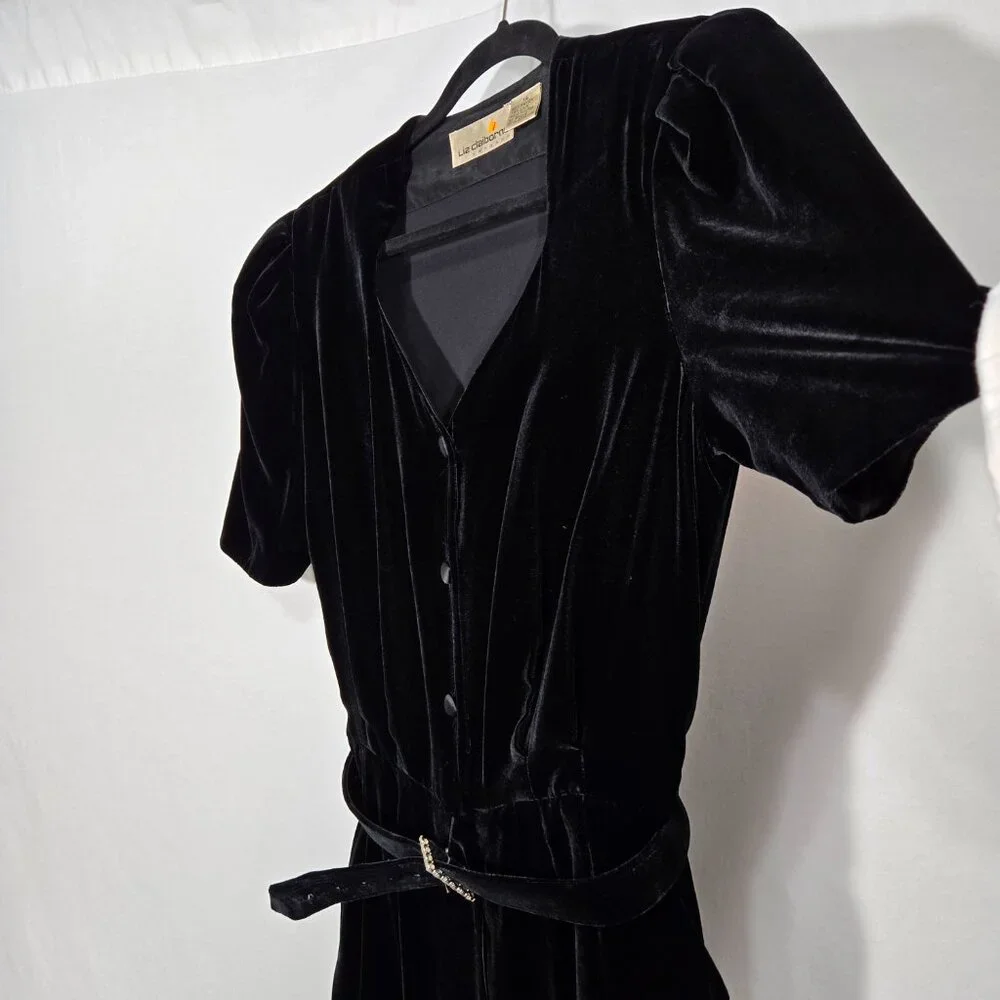 VINTAGE Academia Y2K Sirencore BLACK VELVET Pocket Belt Midi Dress Women Size 10 - Picture 5 of 16